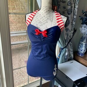 Navy Halter Swimsuit with Red Bow and Anchor